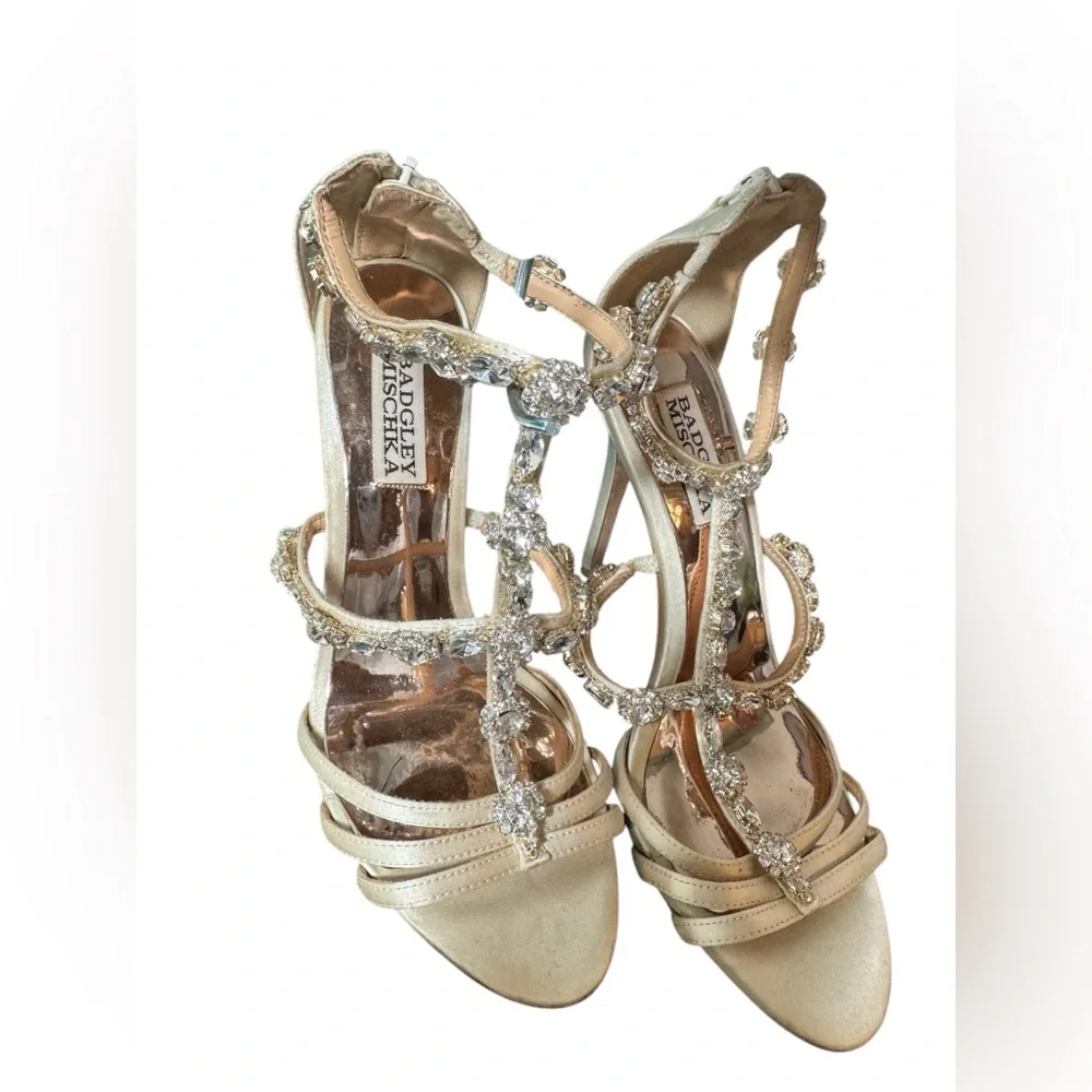 Badgley Mischka Thelma Ankle Strap Heels with Crystal Flower Detailing - Picture 3 of 9